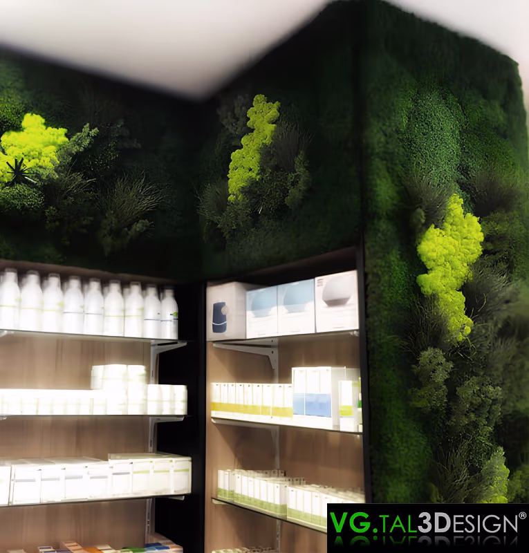 Main view of Pharmacy Botanical Decor in Strasbourg, maintenance-free preserved green wall