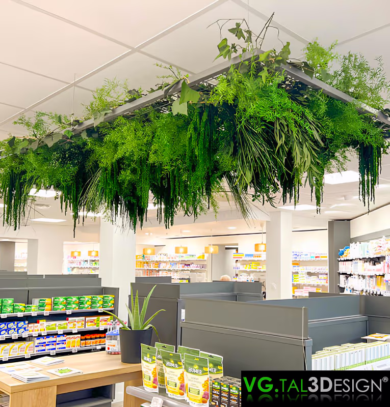 Vue principale de Plafond végétal stabilisé pharmacie à Genève, mur végétal stabilisé sans entretien